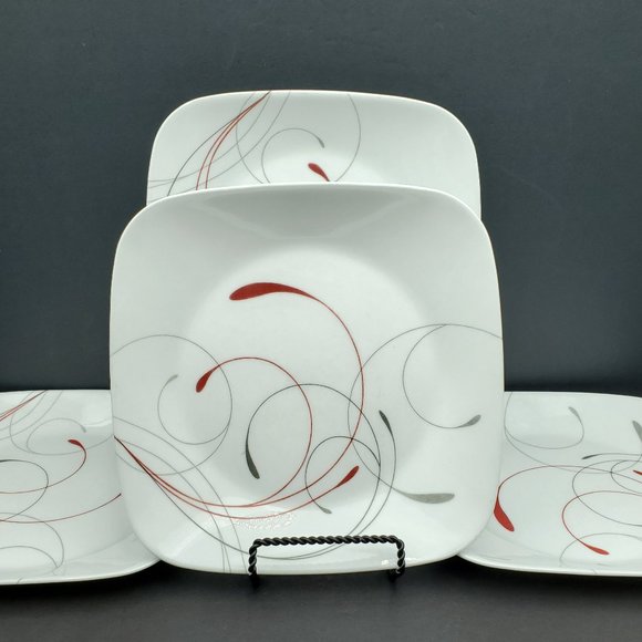 Corelle Dining Corelle Splendor Square Lunch Plates 9 Salad Plates Gray Red Swirls Poshmark